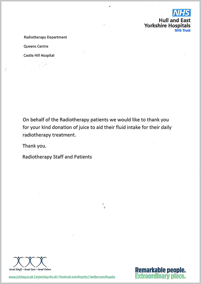 Thank you from NHS Castle Hill Hospital - The One Point Foundation